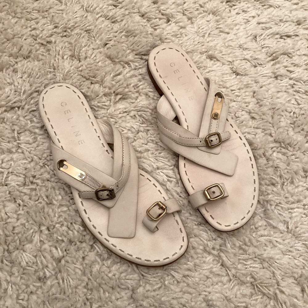 Vintage Celine white gold toe loop sandals leather sandals, EUC, size 39